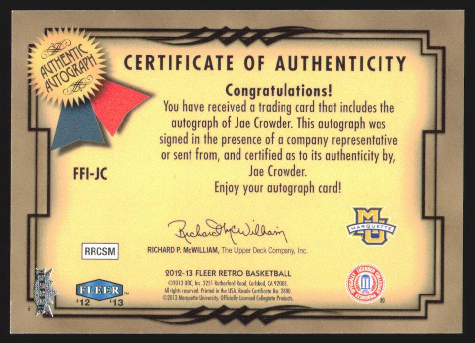 2012  Fleer Focus Jae Crowder #FFI-JC Fresh Ink   Autograph   1X - Image 2 of 2