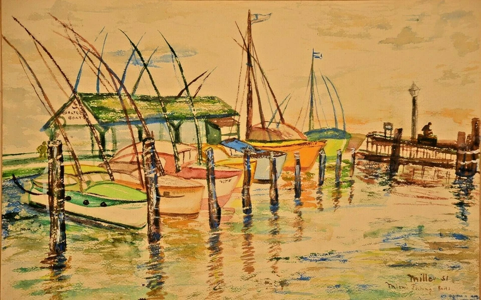 Pintura acuarela paisaje marino puerto barco pesca firmado vintage original MILLER Foto 2 de 4