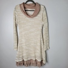 A'reve M Tan Knit Cowl Neck Layered Hem Long Sleeve Midi Dress