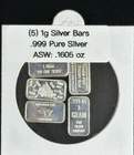 5x 1 Gram .999 Fine Silver Bars Mixed Designs Fractional Silver Lot