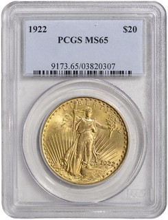 1922 US Gold $20 Saint Gaudens Double Eagle PCGS MS 65 Beautiful Luster