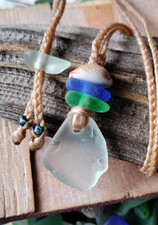 Hawaii Sea Glass  Shell Beach Necklace Sinew Braid Adjustable Men Women Teen