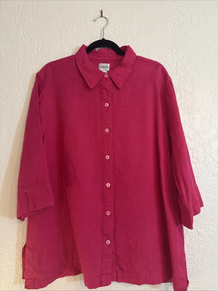 Blusa rosa Chico’s 100 % lino, abotonada, manga 3/4, 3xl nueva sin etiquetas Foto 2 de 4