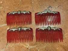 SILVER MEXICO RED LUCITE HAIR COMBS LOT 4 FISH SHELL LOVEBIRD DOVES VINTAGE