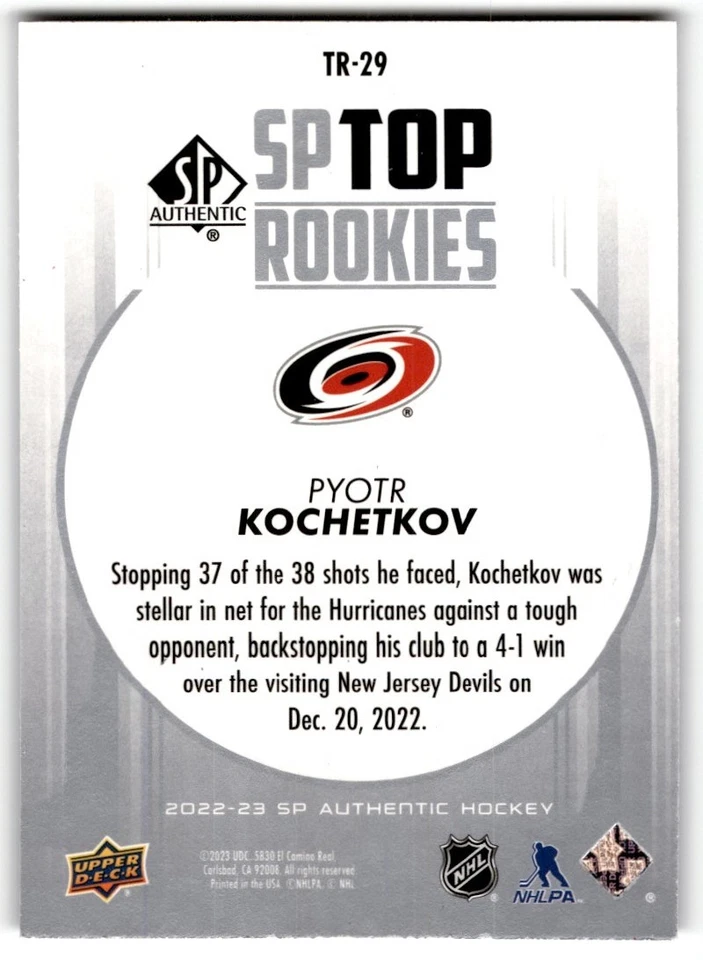 Pyotr Kochetkov 2022-23 SP Authentic Top Rookies #TR-29 Carolina Hurricanes - Image 2 of 2