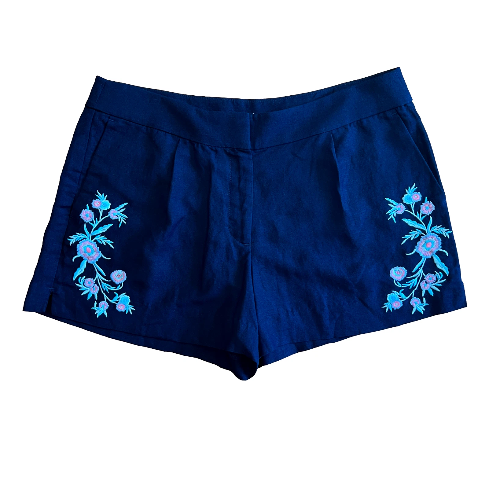 NEW Ann Taylor Loft Linen Blend Navy Embroidered Flowers Shorts Size 8 Boho NWT