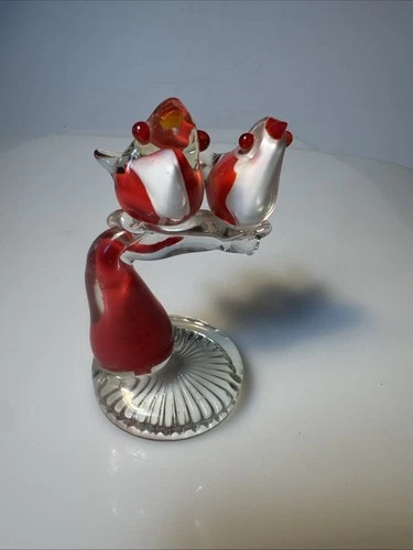 Vintage Murano Red Glass Love Birds on Branch 5.5”