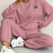 Womens 2 Piece Textured Loungewear Set Crew Sweatshirt & Jogger Pant. Mauve. XL