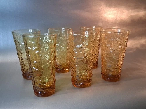 Set of 6 Vintage 7" Anchor Hocking Lido Milano Honey Gold Amber Tumbler Glasses