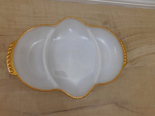 Vintage Fire King White Milk Glass with Gold Trim Divided Dish 3 Section Platter