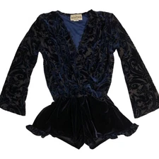 Girls Les Tout Petits by Loise Letzt Blue Stretch Velvet Romper Sz 12  MSRP $100