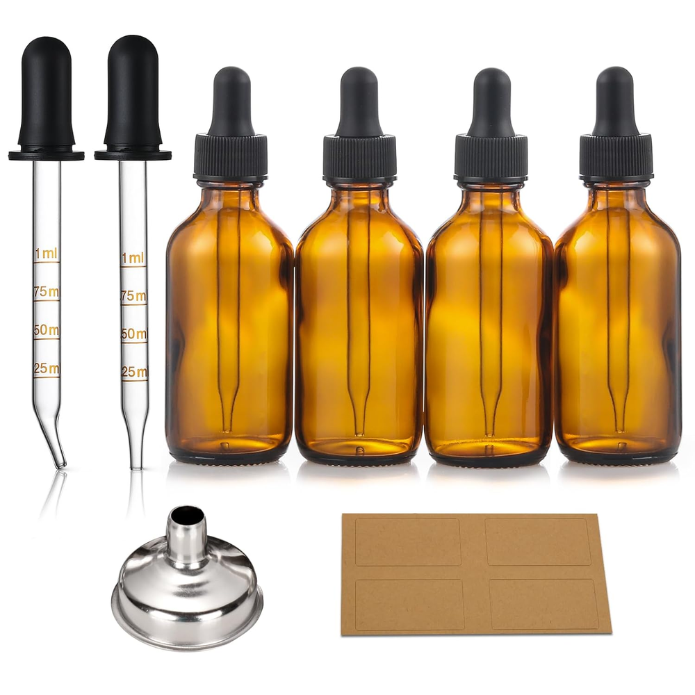 4 Pack 2 Oz Dropper Bottles with 2 Extra 1Ml Calibrated Glass Droppers & 1 Funne