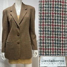 Women's Vintage Liz Claiborne Tan Red Green Houndstooth Plaid 6 Blazer Jacket