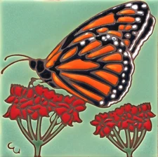 Carly Quinn 6"x6" Butterfly Tile (Red Flowers/Green) Arts and Crafts Tile