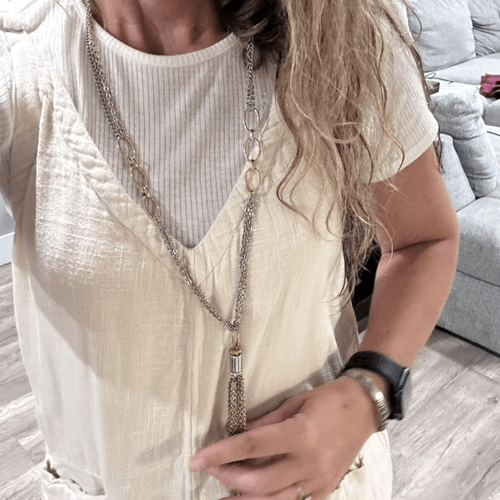 Chico’s long chain layered tassel fringe two tone career office necklace - Picture 11 of 14