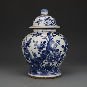 Estate Chinese Qing Dynasty Blue White Porcelain Flowers Bird Cover tank