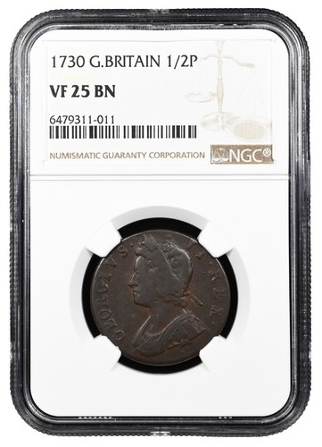 1730 GREAT BRITAIN UK British King GEORGE II Antique 1/2Penny Coin
