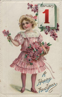 c1910 Happy New Year Embossed Pretty Girl with Flowers