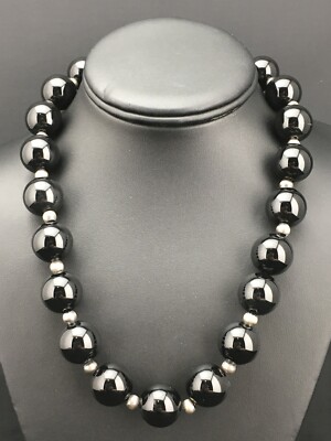 Black Onyx Large Bead Navajo Sterling Silver Necklace 18'' 1104