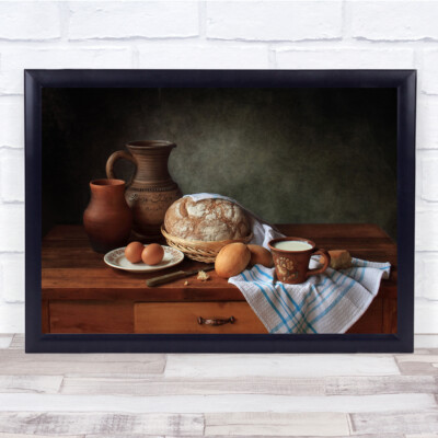 Milk Egg Bread Jug Can Jar Pot Kitchen Food Knife Table Towel Wall Art Print