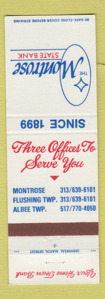 Matchbook Cover - Montrose State Bank Flushing Township MI?