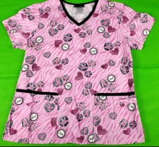 Cherokee pink hearts ribbons print women's 2 pocket scrub top size M