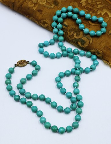 Vintage 50's Chinese filigree silver clasp w natural turquoise beads long neckla - Picture 6 of 11