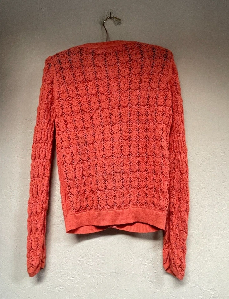 Sparrow Women Orange Crochet Knit Cardigan Sweater Small Long Sleeve Button Down - Image 2 of 4