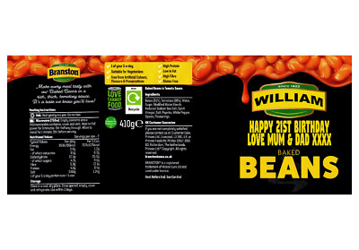 Personalisiertes BRANSTON Baked Beans Blech Etikett/Aufkleber - gestanzt beliebiger Text hinzufügen