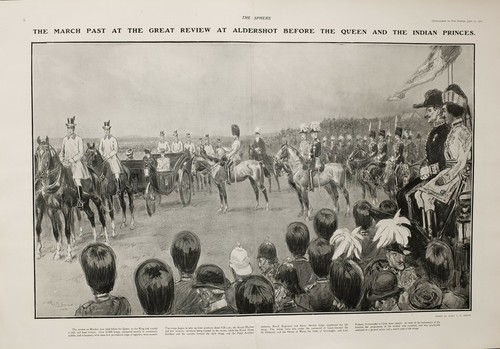 1902 LARGE ANTIQUE PRINT REVIEW AT ALDERSHOT QUEEN & INDIAN PRINCES BOYS BRIGADE