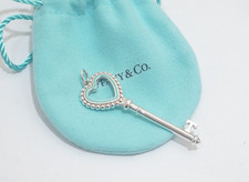 Tiffany  Co. Silver Blue Enamel Heart Beaded Key Pendant Charm