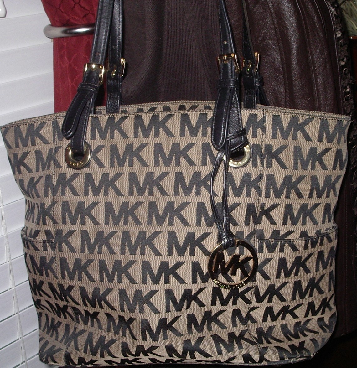 Michael Kors Tan Signature Jacquard Jet Set Tote Bag With Black Leather Handles