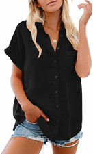 Women s Black Collared Button-Up Blouse Short...
