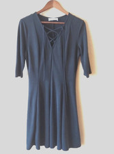 Infinity Raine Grey Lace Up Vneck Swing Mini Dress 3/4 Sleeve Slim Fit Sz Large