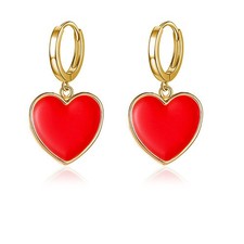 14K Gold Plated Huggie Earrings CZ Tiny Small Hoop Earrings Red Enamel Heart Ear