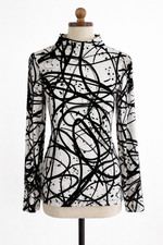 Halston Tunic Top Size Medium Black White Print Jersey Knit Long Sleeve Mock