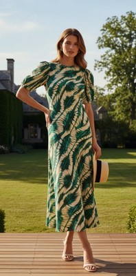 ULLA JOHNSON Ines Dress Green White Size 12 Large Puff-Sleeve Maxi 100% Silk