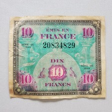 Allied Military Currency AMC 10 Ten Dix French Francs Banknote 1944 High Grade