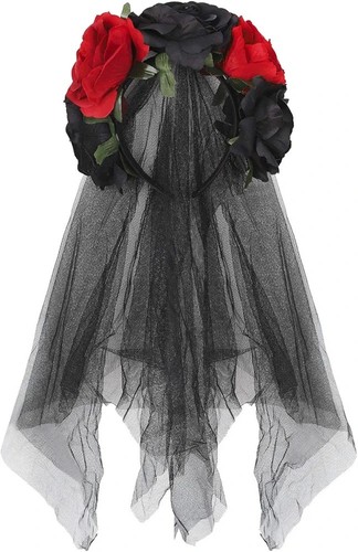 Lady Girls Halloween Gothic Dark Red & Black Roses Flower Veil Crown Hairband - Picture 2 of 3