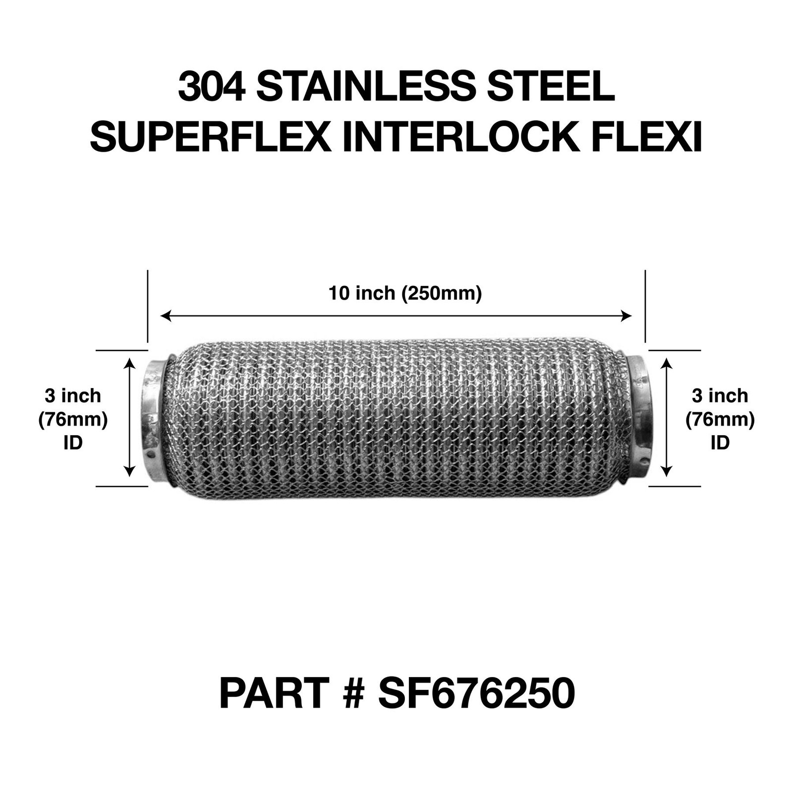76mm x 250mm Soft Superflex Weld On 304 Stainless Steel Exhaust Flexi Tube Pipe