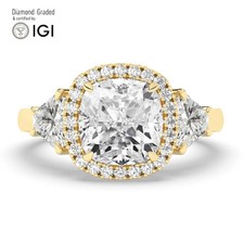 Cushion Diamond Trilogy Ring 14k Yellow Gold Labgrown 4.25 Ct Solitaire
