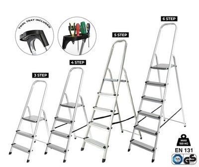Trittleiter 3 4 5 6 klappbar Aluminium leicht rutschfest + WERKZEUGABLAGE - EN131