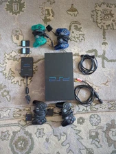 Sony PlayStation 2 PS2 With Multitap, 4 Controllers, And Two Memory Cards. Works