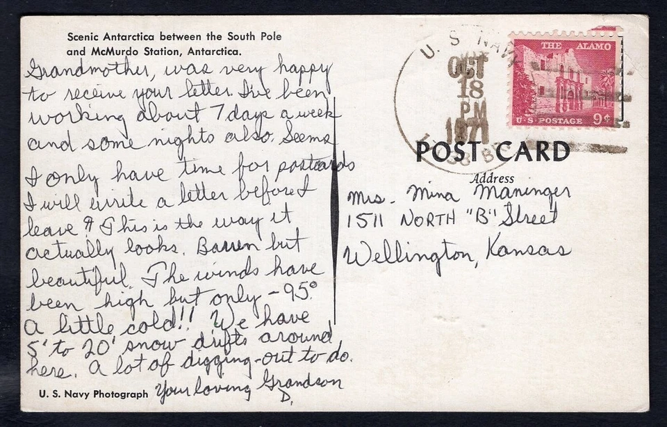 USA 1971 Postcard from Antarctica McMurdo Station Navy Ship 17038BR to Kansas - Image 2 of 3