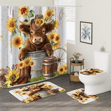 4PCS Cute Highland Cow Shower Curtain Set, Farmhouse Rustic Cattle Sunflower ...