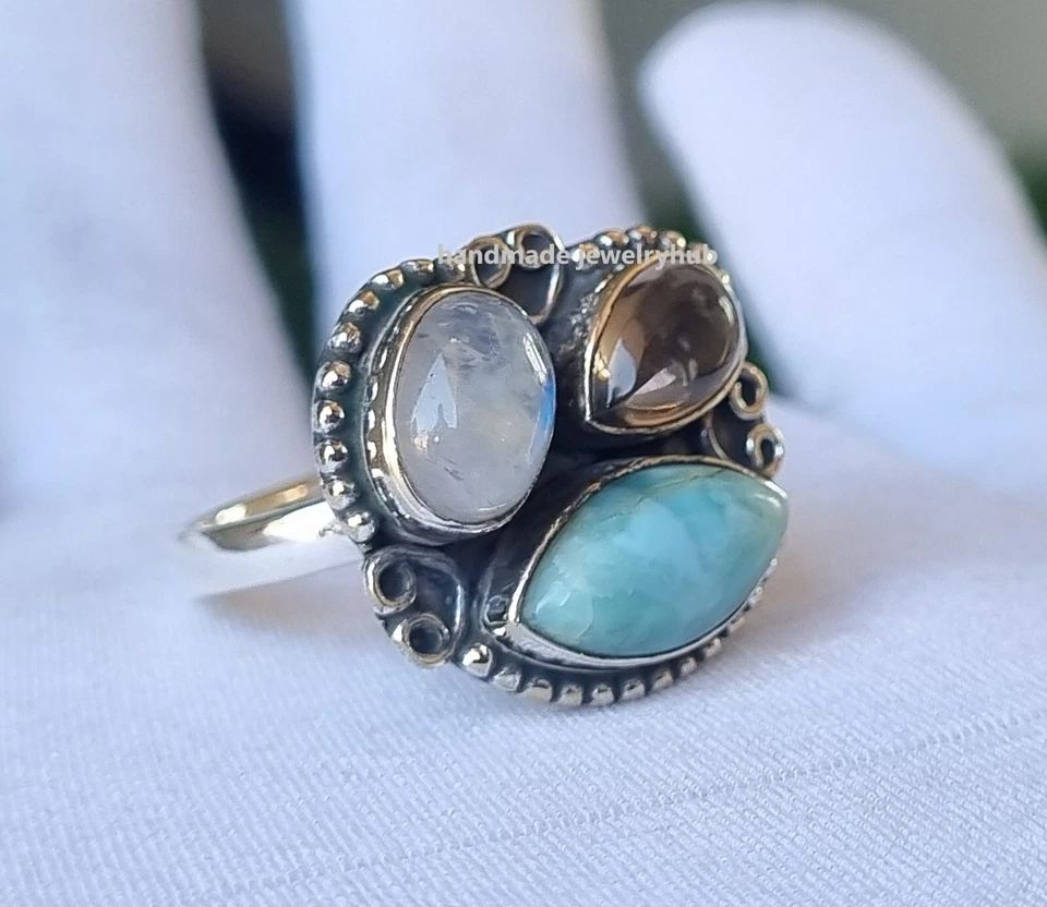 Anillo Larimar y Piedras Preciosas Piedras Lunares Plata de Ley 925 Hecho a Mano Regalo PG2821 Foto 3 de 4