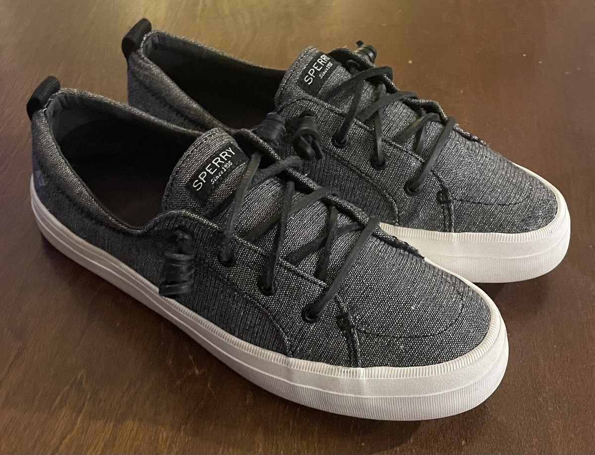 SPERRY Crest Vibe LINEN Low Top GLITTER Sneakers in BLACK SILVER Women’s  Size