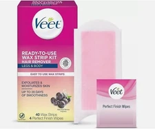 2x Veet Ready To Use Wax Strip Kit - For Body Hair Removal - 40 strips/4 wipes