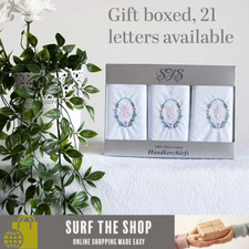 Gift box of 3 Ladies/Womens embroidered initial/letter Hankies.  100% Cotton