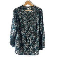 Croft & Barrow Womens Tunic Top Size 2X Green Geometric Pleated Button Tie